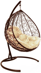 Подвесное кресло из ротанга "Капля" коричневое с бежевой подушкой M-Group