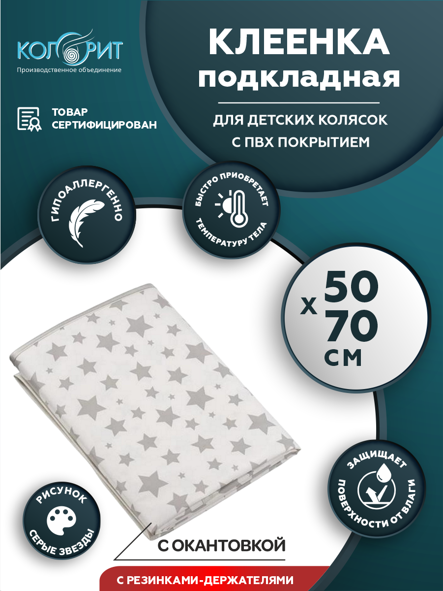 фото Клеёнка подкладная Колорит для детских колясок с резинками-держател. и окантовкой 0,5x0,7м серые зв.