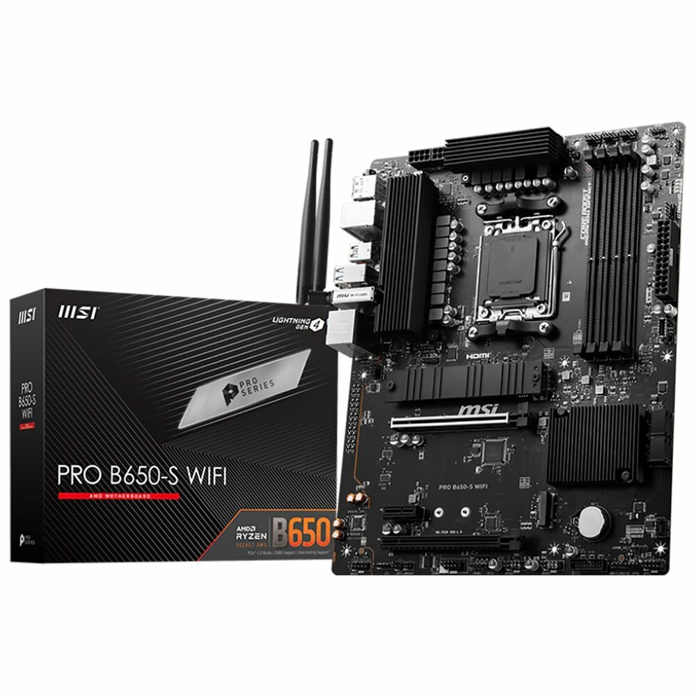 MSI Материнская плата MSI PRO B650-S WIFI \601-7E26-04010 \801-7E26-004 \STD OPT:C PRO B650-S WIFI B650 AM5 4DDR5 2PCI-Ex16 1PCI-Ex1 2M.2 4SATA3 1USB 20G 4USB 10G 6US\ PRO B650-S WIFI