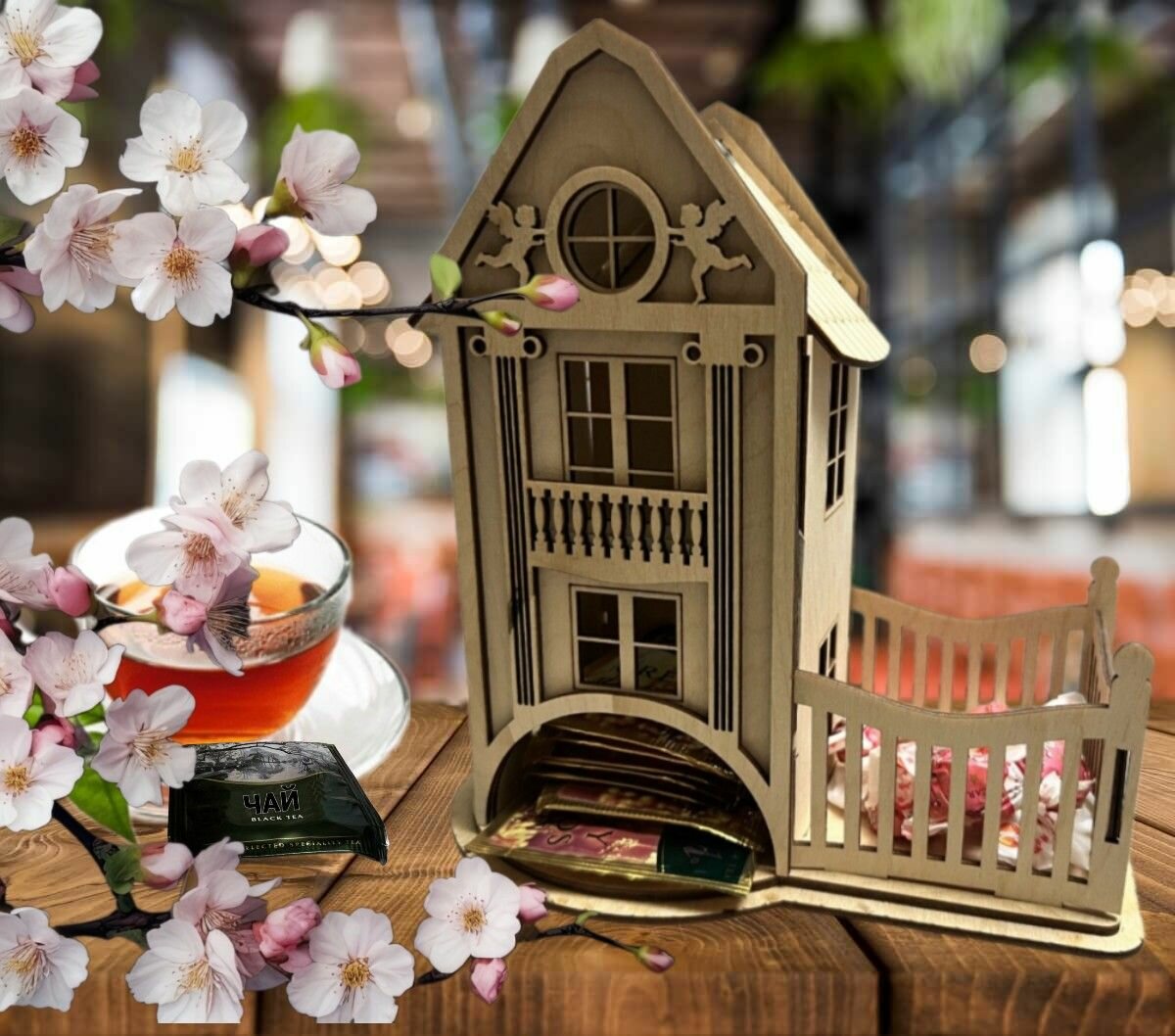 Чайный домик "Домик с двориком ". Комплект заготовок из фанеры для самостоятельной сборки и декорирования.