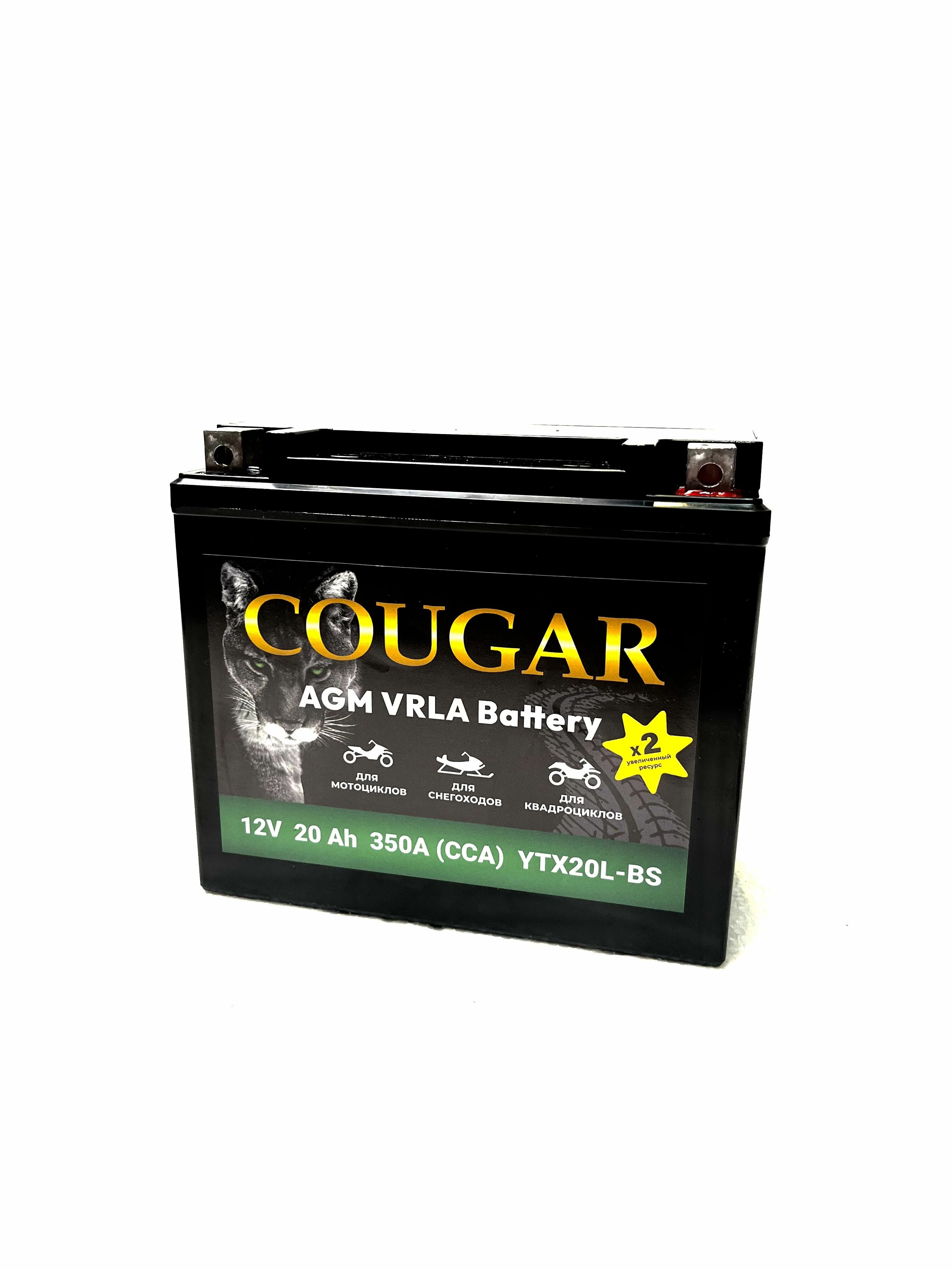 Мото аккумулятор COUGAR 20Ач R+ ССА 350А 175х87х155 YTX20L-BS