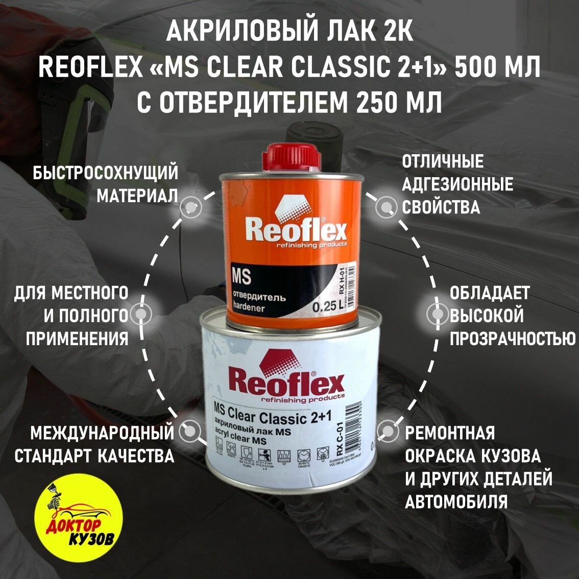 Лак акриловый глянцевый 2К MS 2+1, автомобильный Reoflex, 0.5 л с отвердителем 0,25 л