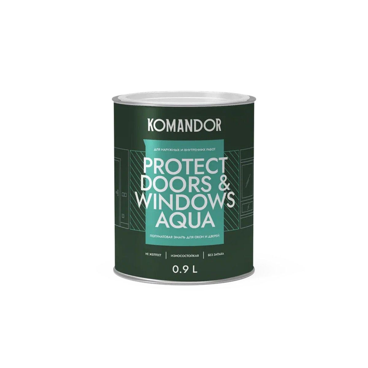 фото Эмаль для окон и дверей Komandor Protect Doors&Widows Aqua, полуматовая, база C, бесцветная, 0,9 л
