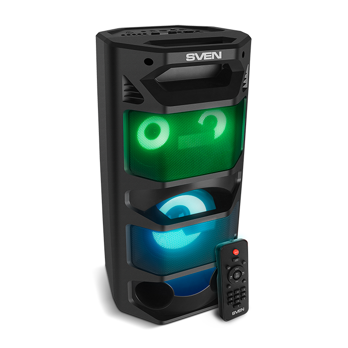 Sven PS-670 2.0 Мобильные колонки чёрные (2x32.5W mini Jack USB Bluetooth FM micro SD ПДУ 2 x 4400 мA LED подсветка)