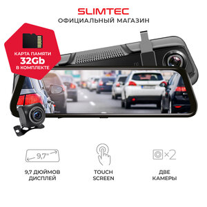 Автомобильный видеорегистратор-зеркало с двумя камерами SLIMTEC Dual M9+ карта памяти 32 Гб