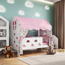 Кровать детская домик с текстилем (розовый, с единорогами, вход справа) "Облачка"