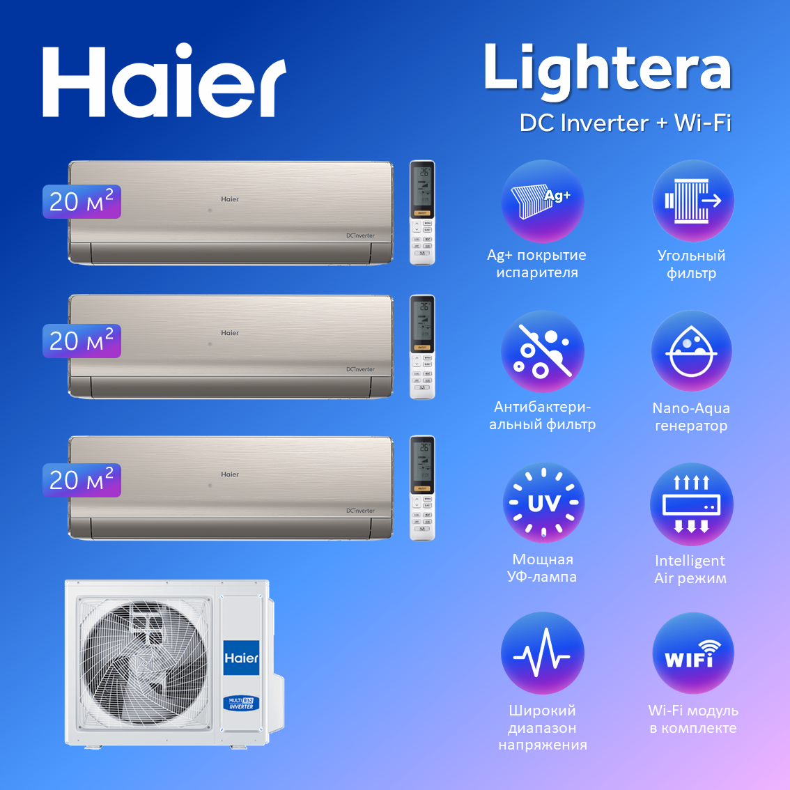 Мульти сплит система на 3 комнаты Haier Lightera Super Match AS09NS6ERA-Wх3/3U55S2SR5FA с Wi-Fi