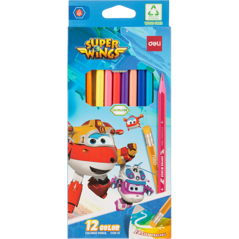 Карандаши цветные Super Wings, 12 цветов DELI - фото №1