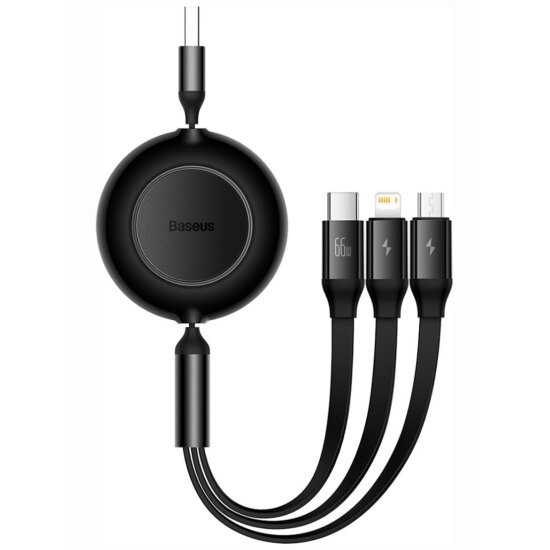 Кабель Baseus Bright Mirror Retractable 3-in-1 Fast Charging, USB - Lightning/Micro/Type-C, 66W, 1.1м, черный (CAMJ010101)