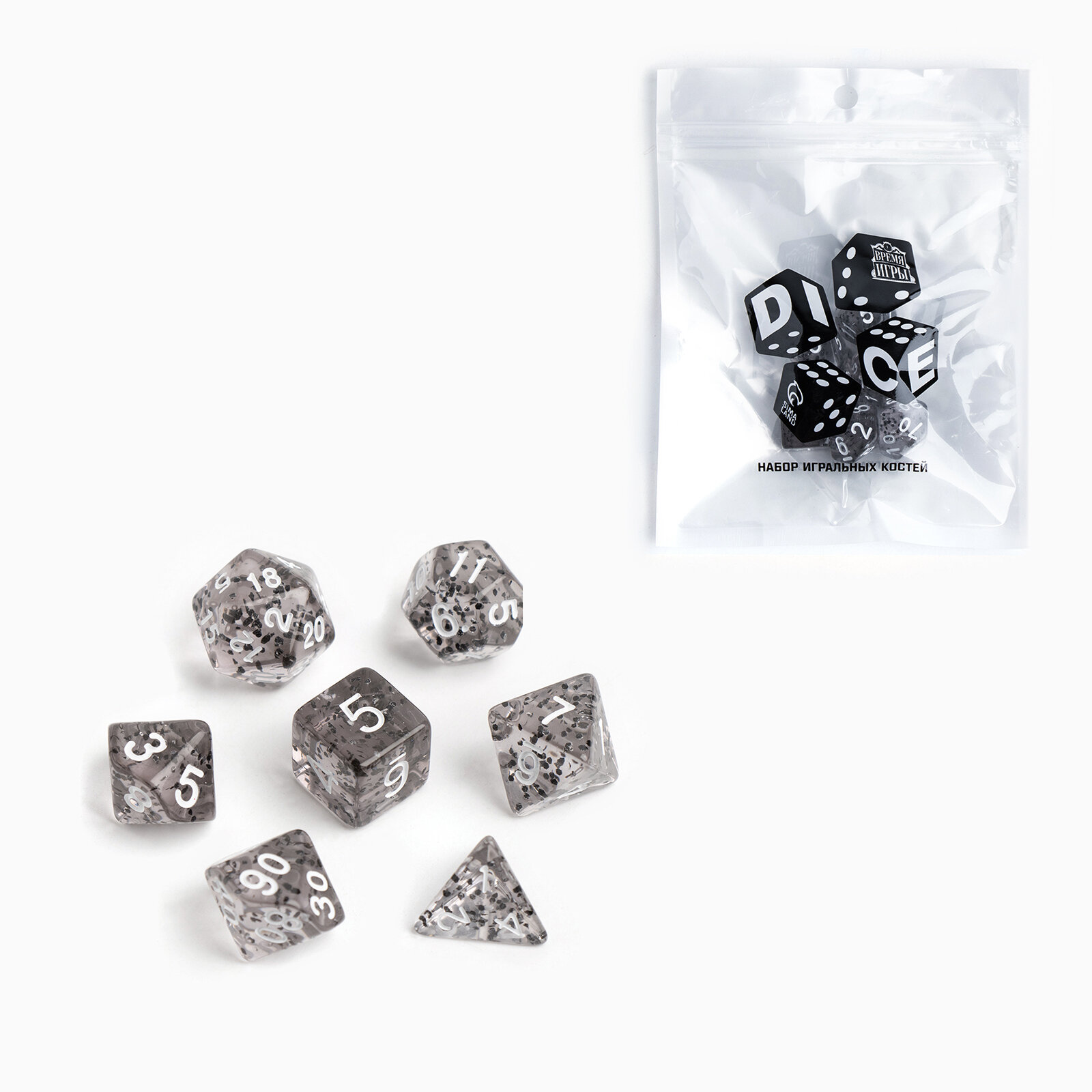 фото Набор кубиков для D&D (Dungeons and Dragons, ДнД) "Время игры", серия: D&D, 7 шт, серые 1шт.