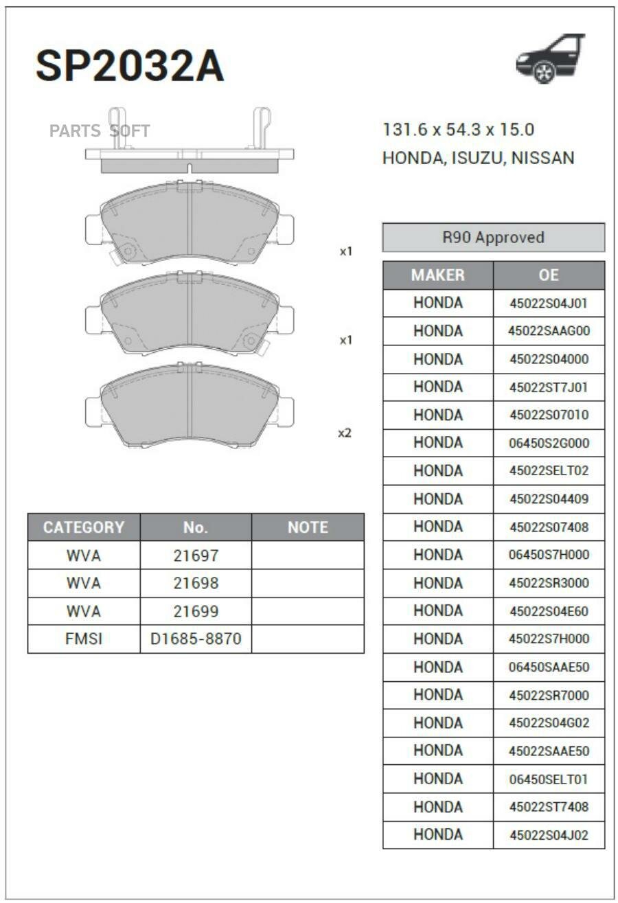 SP2032A_колодки дисковые передние!\ Honda Civic 1.3i-1.6i &16V 91-01 SANGSIN BRAKE / арт. SP2032A - (1 шт)