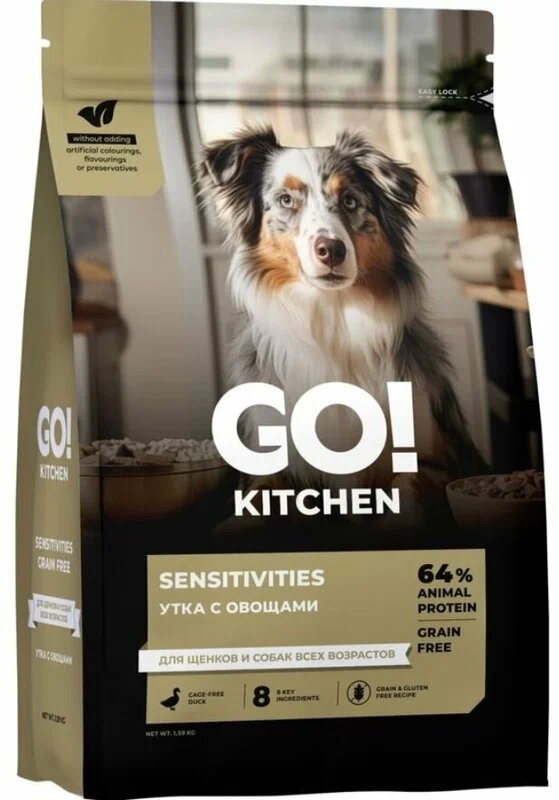 GO! KITCHEN Полнорационный беззерновой сухой корм для щенков и собак всех возрастов с уткой для чувствительного пищеварения 9.98кг
