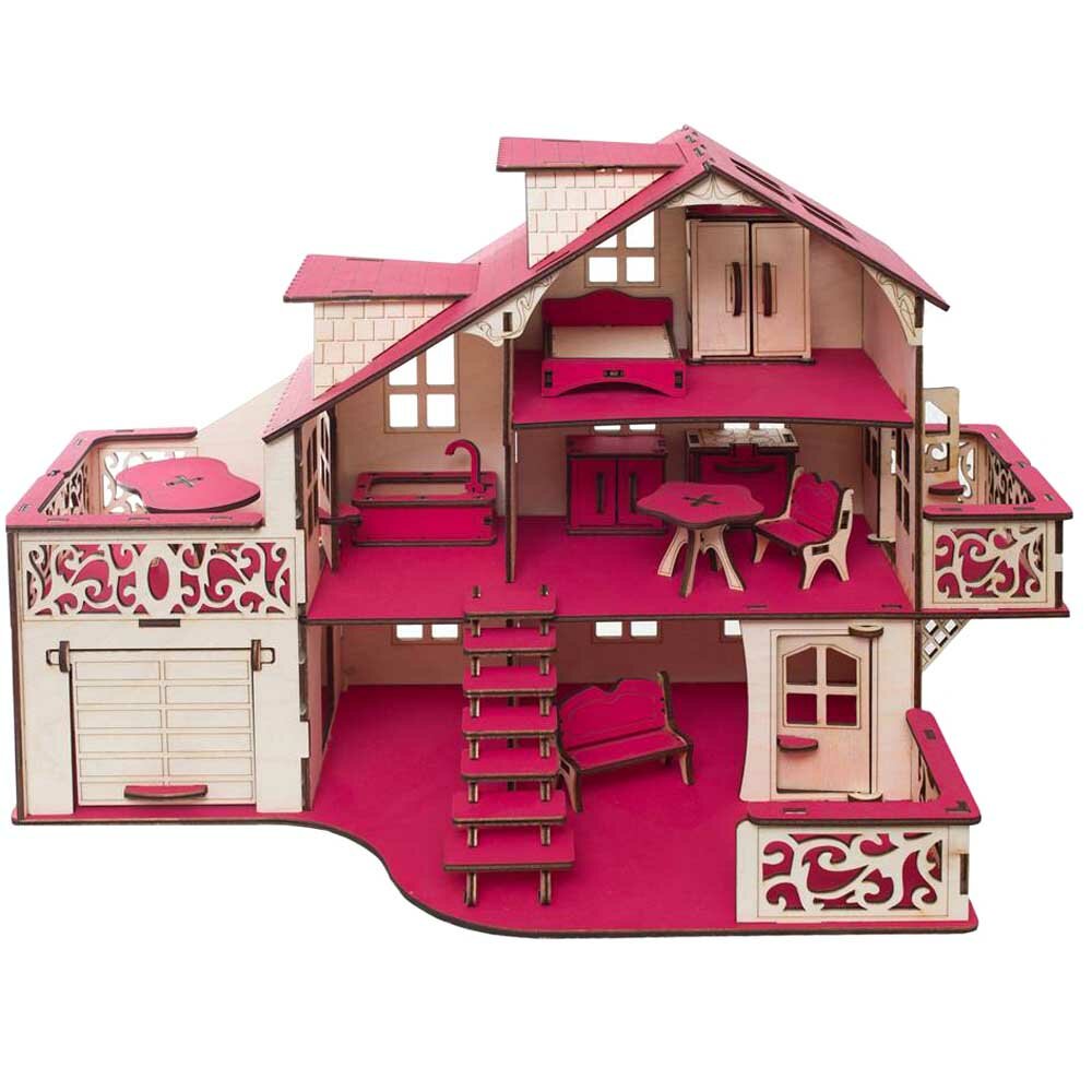 Сборный кукольный домик Эlen Toys "Фуксия" с гаражом и мебелью - фото №1