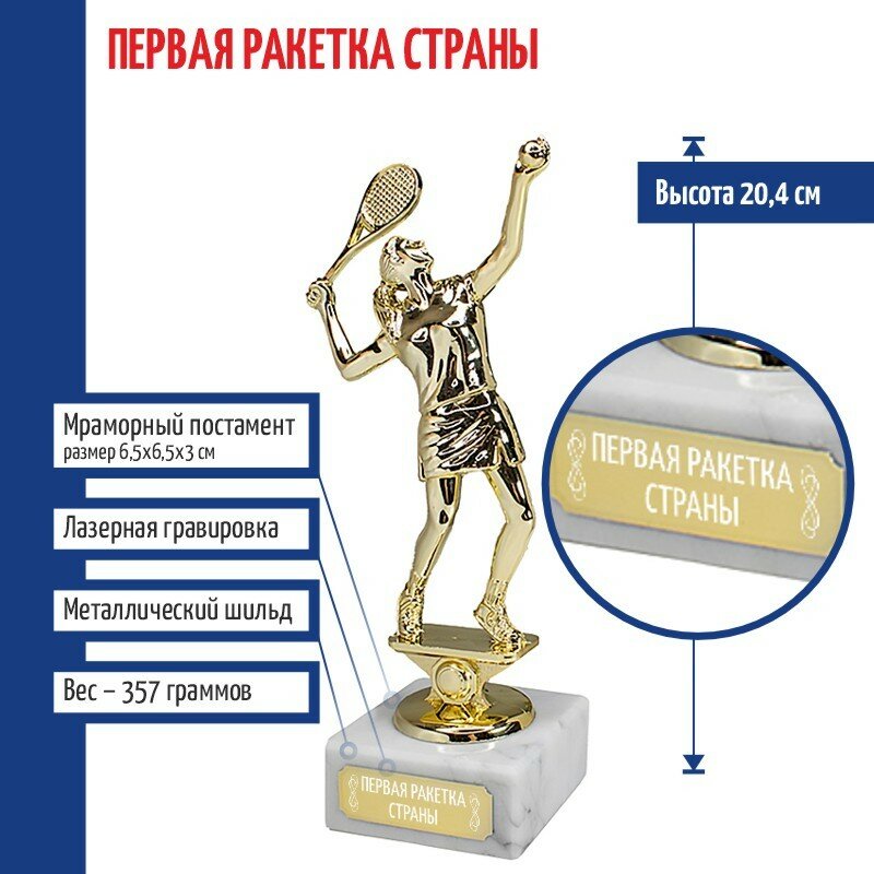 фото Подарки Статуэтка Теннисистка "Первая ракетка страны" на мраморном постаменте (20,4 см)