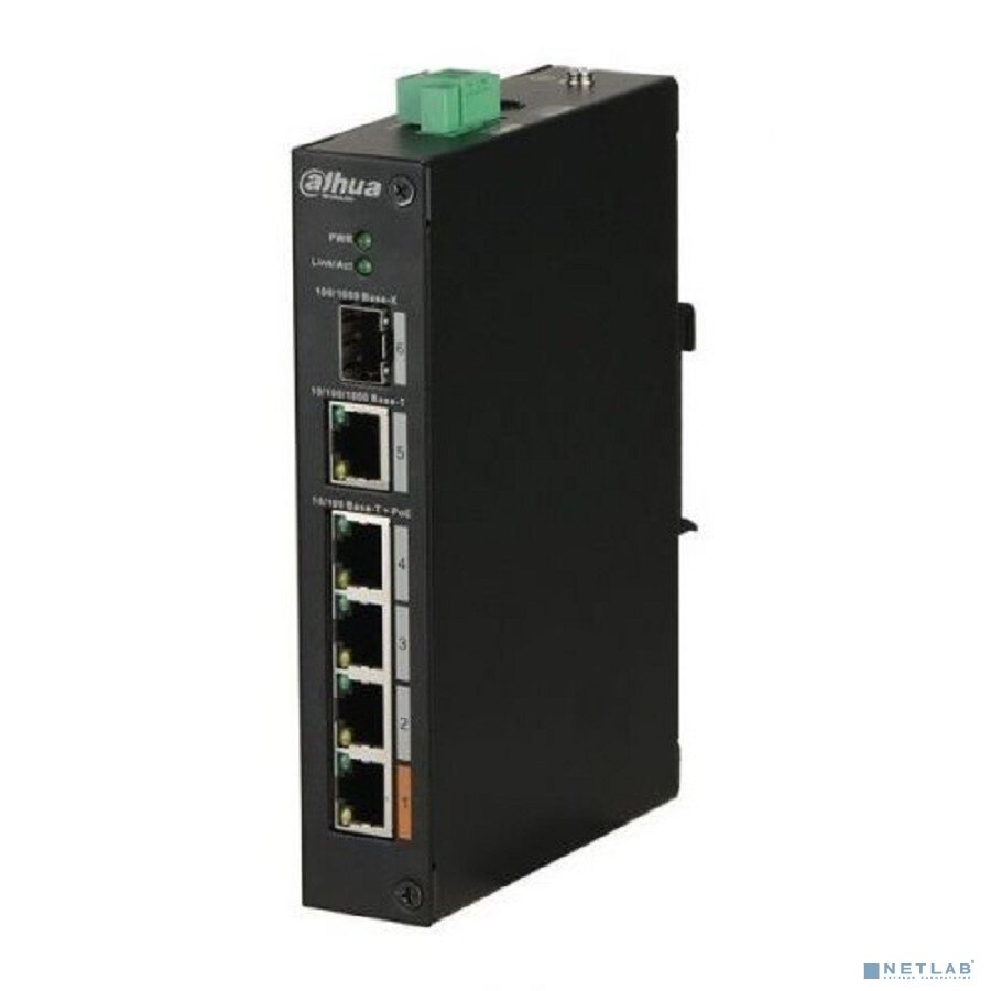 DAHUA Коммутаторы DAHUA DH-PFS3106-4ET-60 4-портовый неуправляемый коммутатор с PoE уличное исполнение 4xRJ45 100Mb PoE 1xRJ45 1Gb + 1xSFP 1Gb uplink суммарно 60Вт коммутация 6.8 Гбит/с MAC-таблица 8К