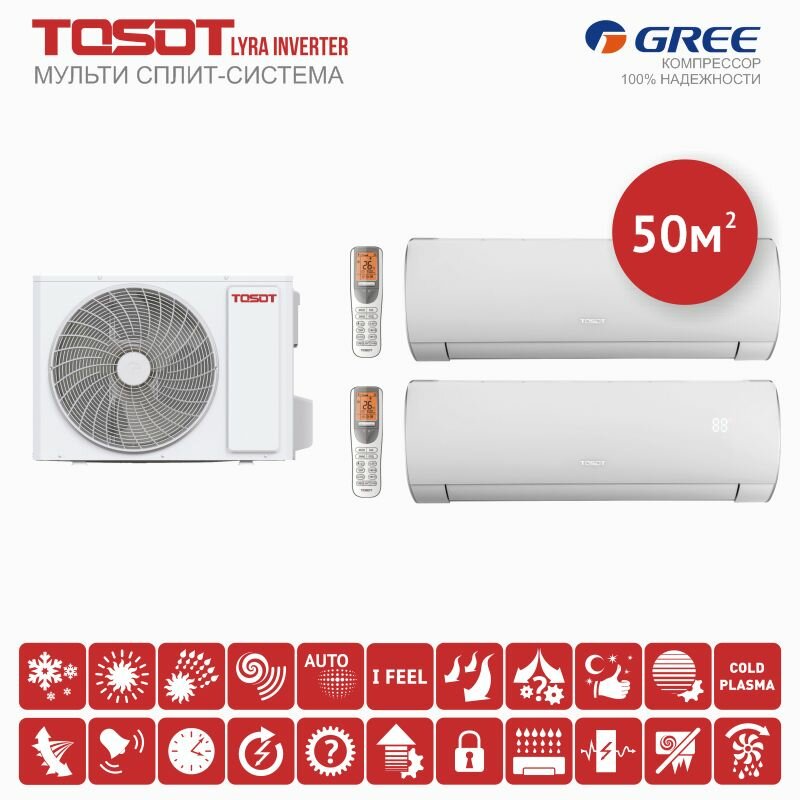 Мульти сплит-система инвертор на 2 комнаты Tosot LYRA INVERTER T18H-FMA/O + T09H-SLyRA/I*2шт.