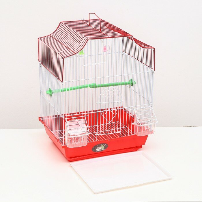 Клетка для птиц фигурная с кормушками, 34 х 27 х 44 см, красная - фотография № 7