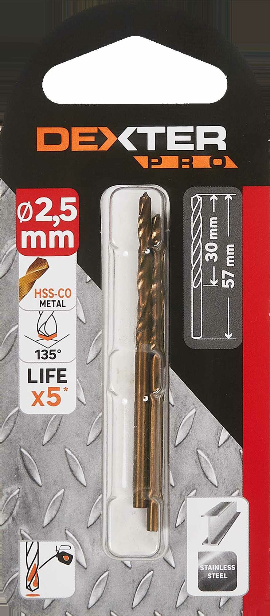 фото Сверло спиральное по металлу HSS-Co Dexter к. Pro 113-04266 2.5x57 мм, 2 шт.