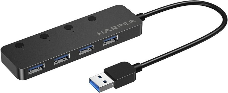 HARPER HUB-04MB Black USB-концентратор Интерфейс: 4 х USB 3.2 1 х Micro USB Переходник: USB 3.0 / Type-C Скорость передачи данных: до 5