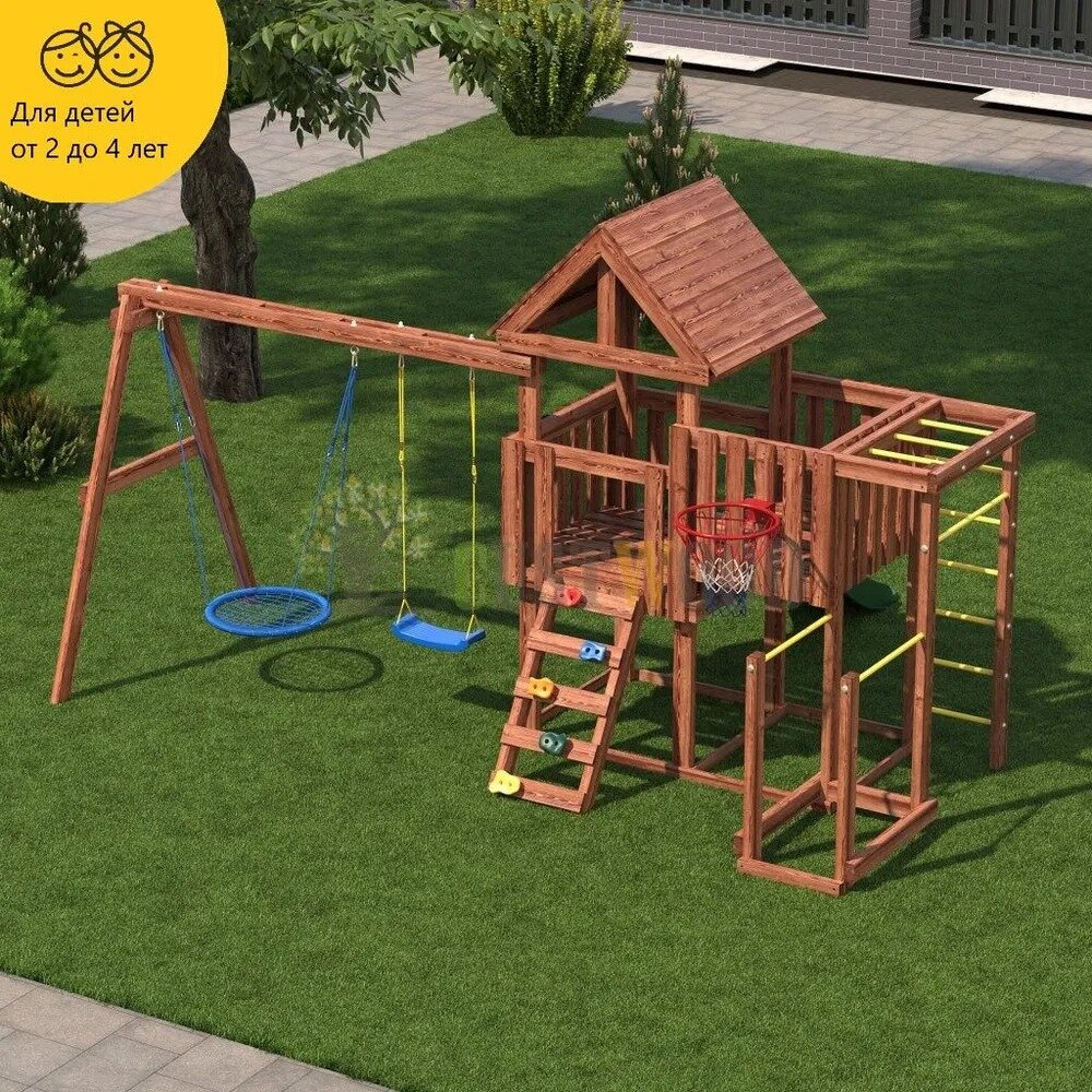 Детская деревянная игровая площадка для улицы дачи CustWood Junior Color JC9 с деревянной крышей