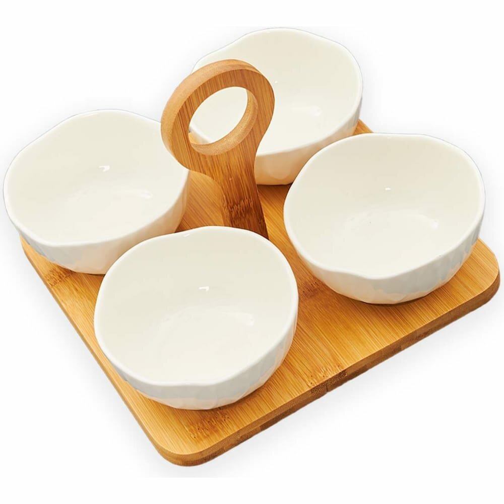 фото JEWEL Набор пиал Фиона 4 предмета на бамбуковой подставке (фарфор) ПС0045-46