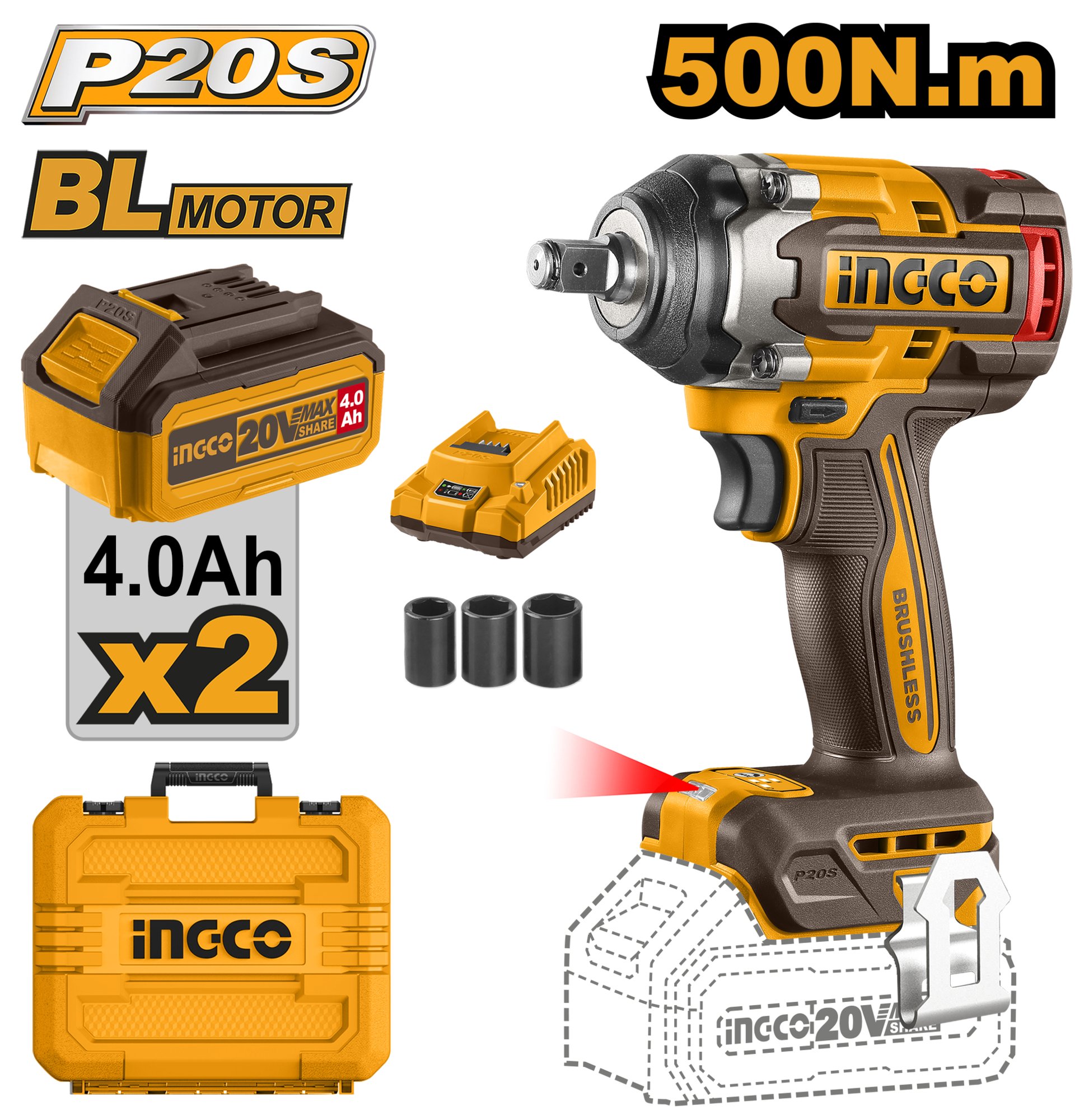 Аккумуляторный бесщеточный ударный гайковерт INGCO CIWLI2050 INDUSTRIAL 20 В 1/2