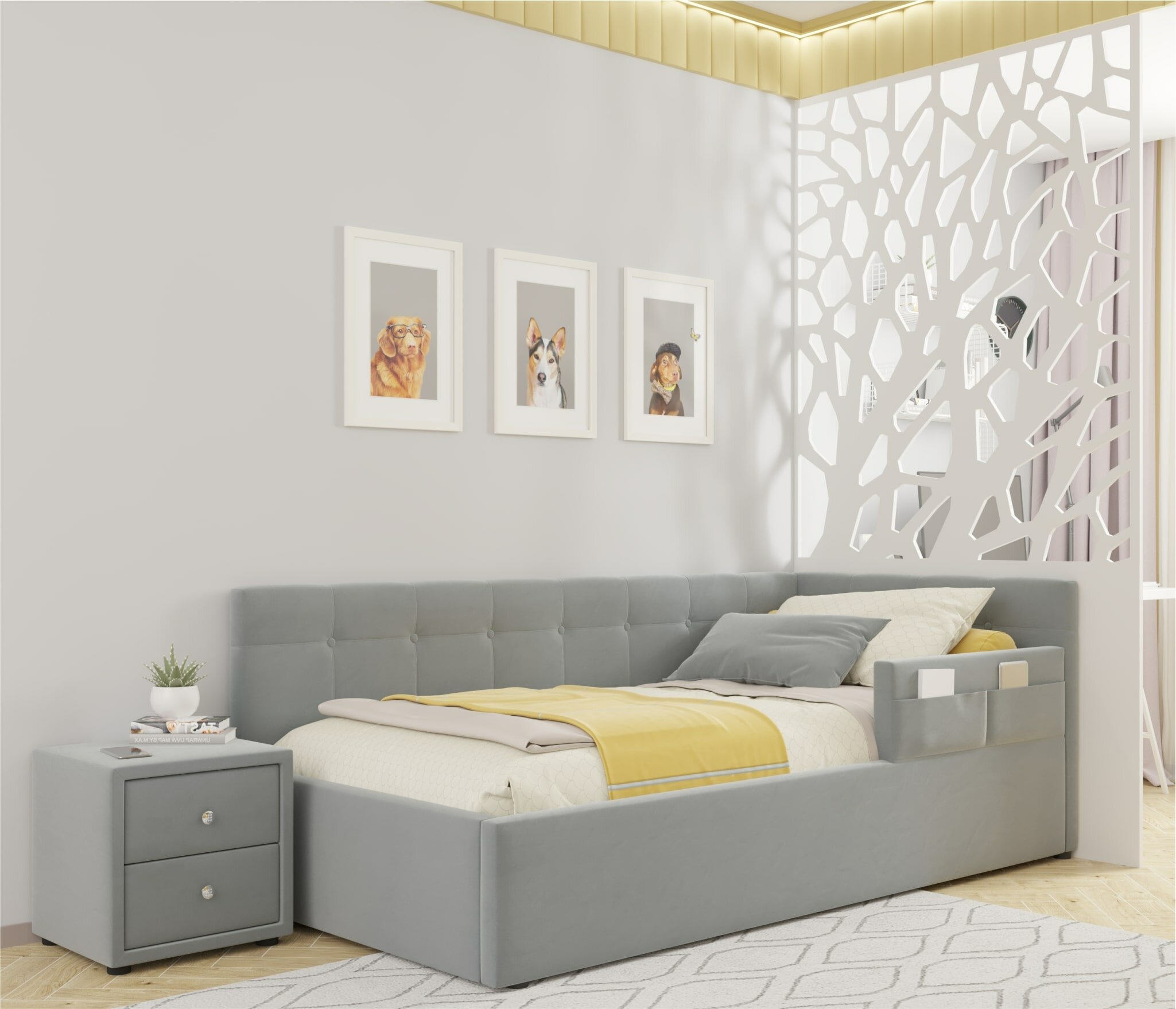 фото Односпальная кровать-тахта Bonna 900 Zeppelin с защитным бортиким серая с подъемным механизмом, 90x200, мягкая из велюра, с ящиком для хранения, угловая