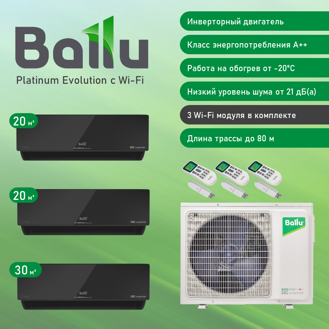 Мульти сплит система с Wi-Fi на 3 комнаты Ballu BSUI-FM-09HN8х2+BSUI-FM-12HN8/BA3OI-FM-27HN8