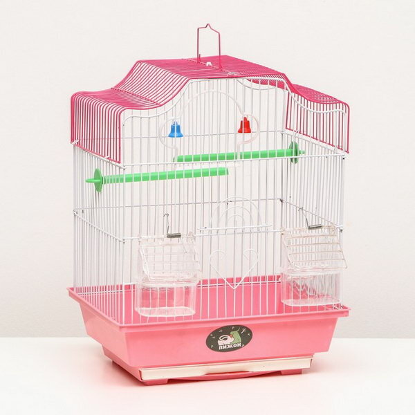 Клетка для птиц фигурная с кормушкками, 30 x 23 x 39 см, розовая - фотография № 1