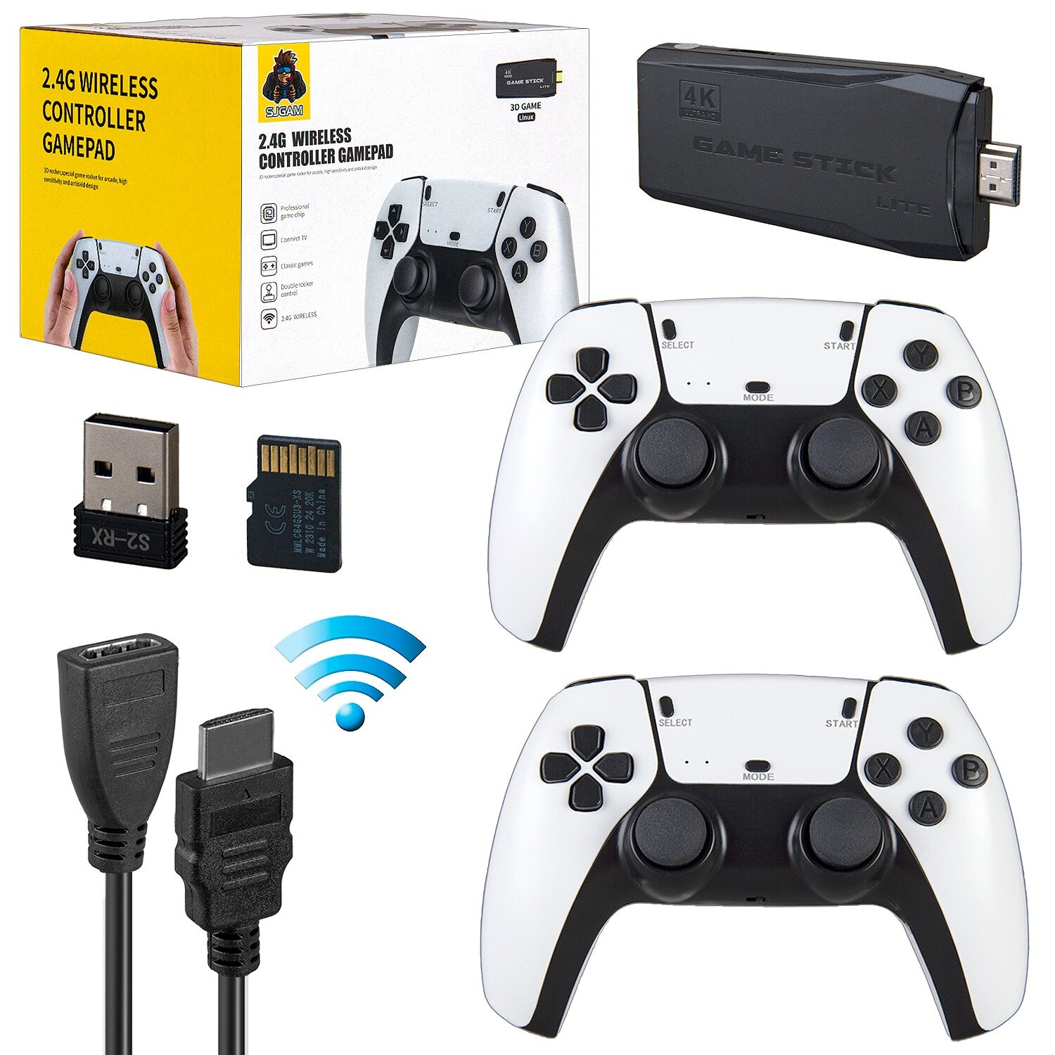 Игровая приставка Game Stick M8S, HDMI 4K, два беспроводных джойстика (Play Station 5) белый