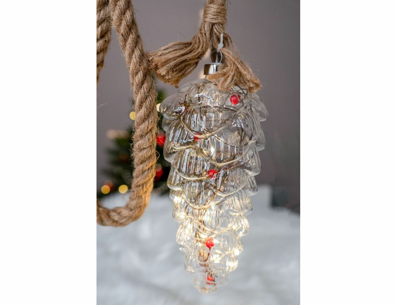 фото Декоративный подвесной светильник шишка 'дибоско', джут, стекло, тёплые белые микро LED-огни, батарейки, Koopman International XX8324560