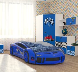 КарлСон кровать-машина детская Ламба-NEXT, цвет синий, с подсветкой фар и дна