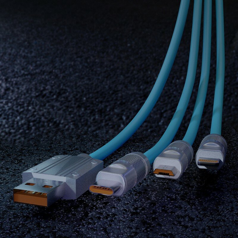 фото Кабель для зарядки,3-в-1 супертолстый BOLD TYPE C+LIGHTNING+MICROUSB синий, 3А, TPE, 1 м, Smartbuy (IK-312QBOMB2-BLUE), цена за 1 шт