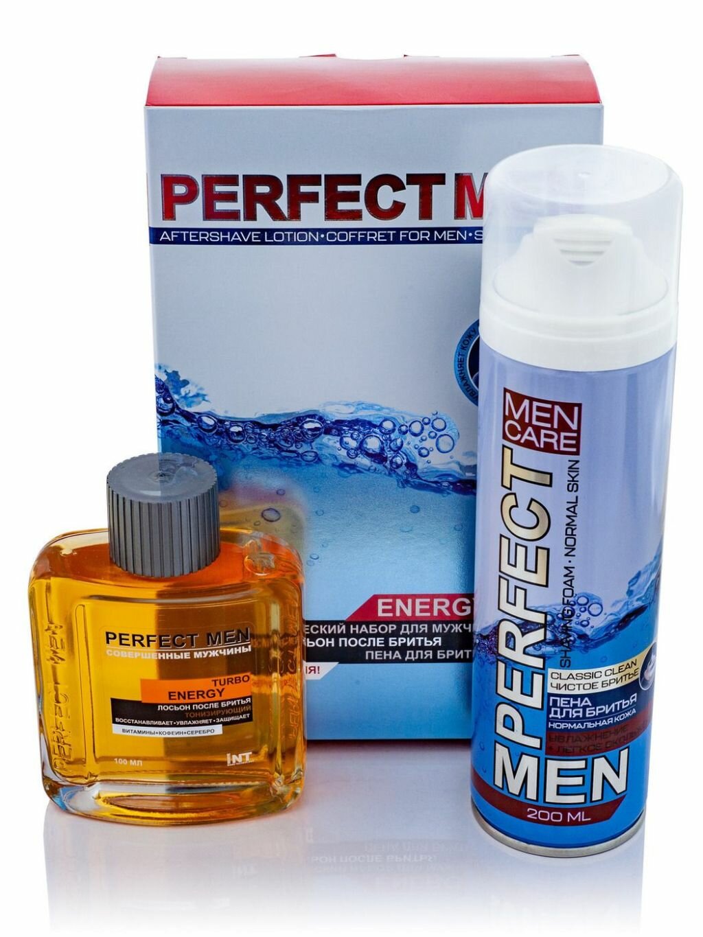 Набор из 3 штук Косметический набор для мужчин Perfect men Turbo Energy Лосьон после бритья 100мл, Пена для бритья 2