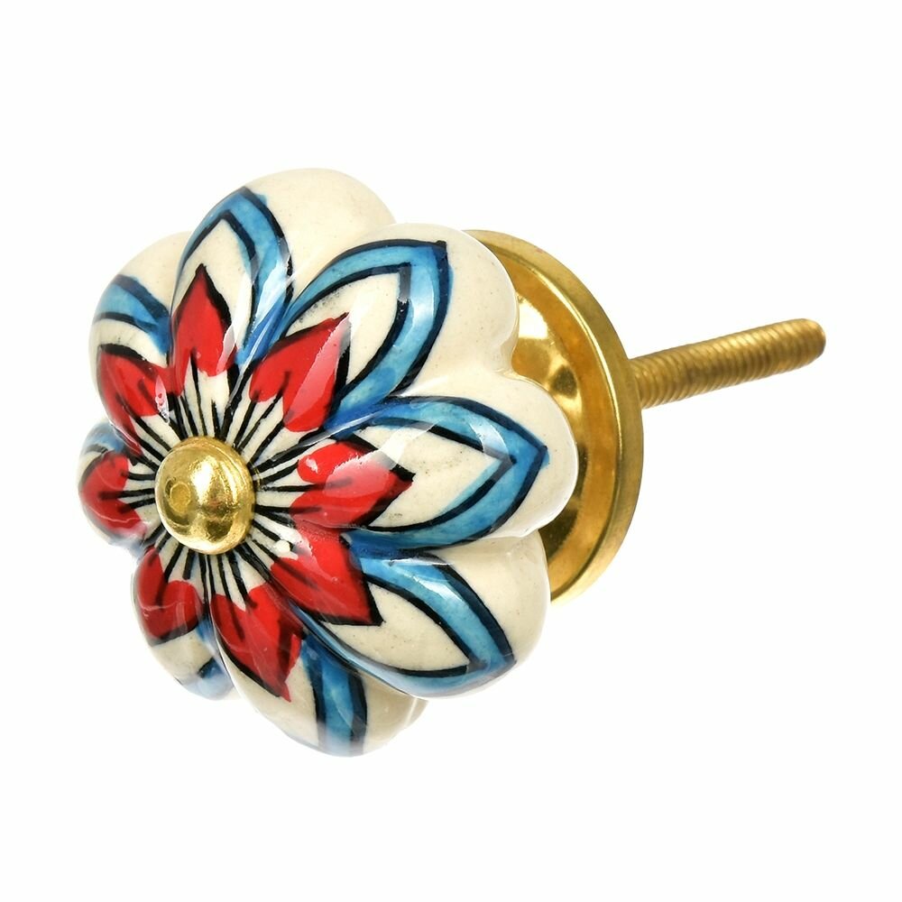 фото 66110 BLUMEN HAUS Ручка керамическая для мебели ''Лотос'', ручная роспись, цвет белый, рисунок цветной - 6шт