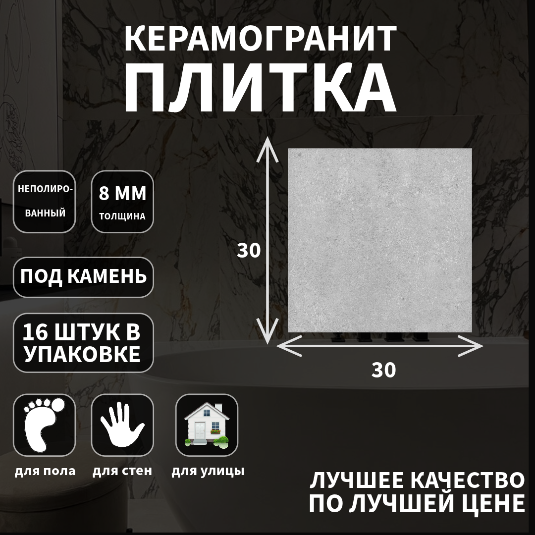Керамогранитная плитка Kerama Marazzi коллекция: Аллея серый светлый эффект: камень поверхность: неполированный 30х30х0.8