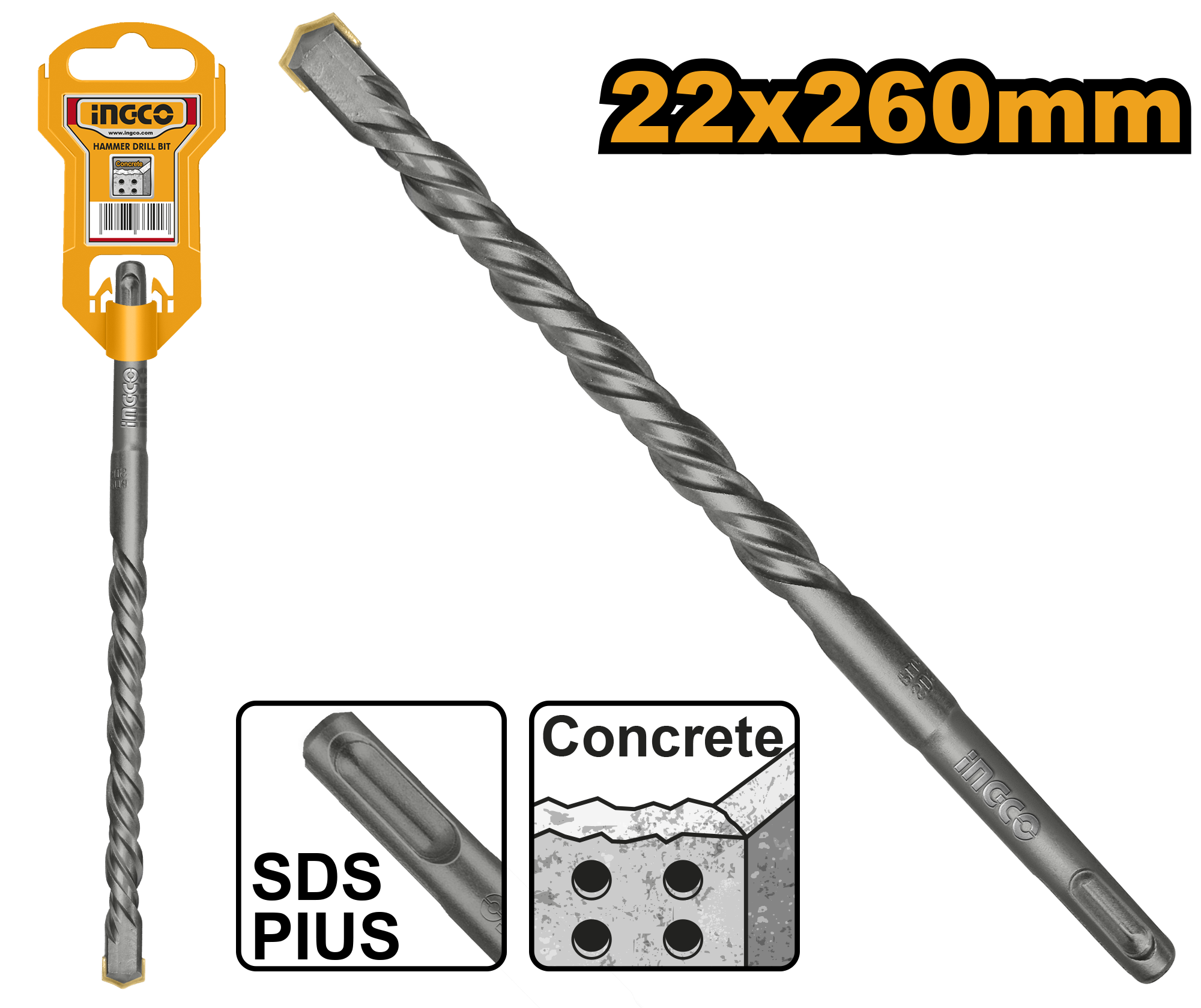 Бур по бетону SDS-plus 22х260 мм INGCO DBH1212201 INDUSTRIAL