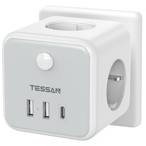 Сетевой фильтр без провода TESSAN TS-301-DE-C 3 розетки 2500 Вт + USB зарядка 2 порта до 3А + 1порт USB-C серый