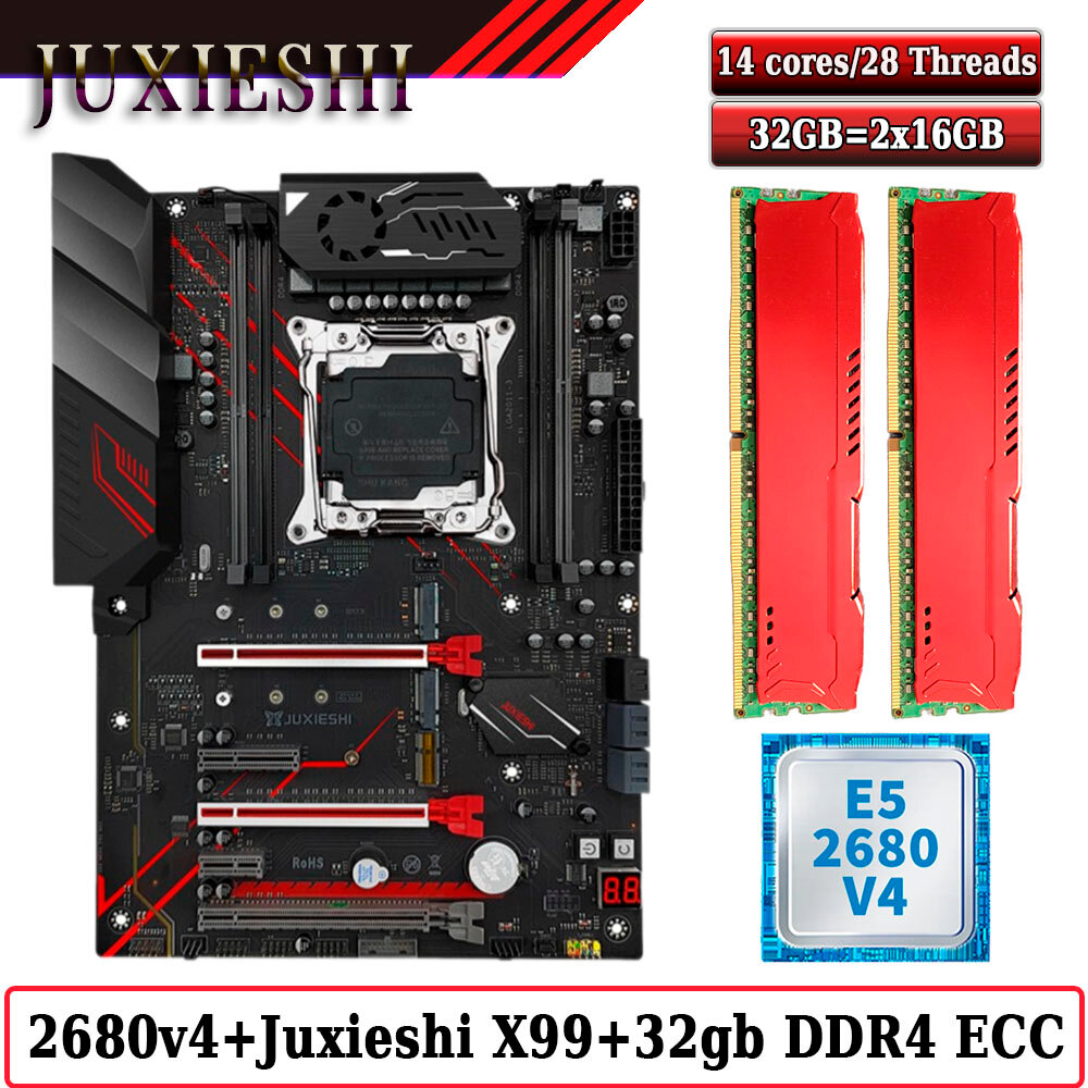 Комплект материнская плата Juxieshi X99-MR9A PRO + Xeon 2680V4 + 32GB DDR4 ECC 2x16GB Red
