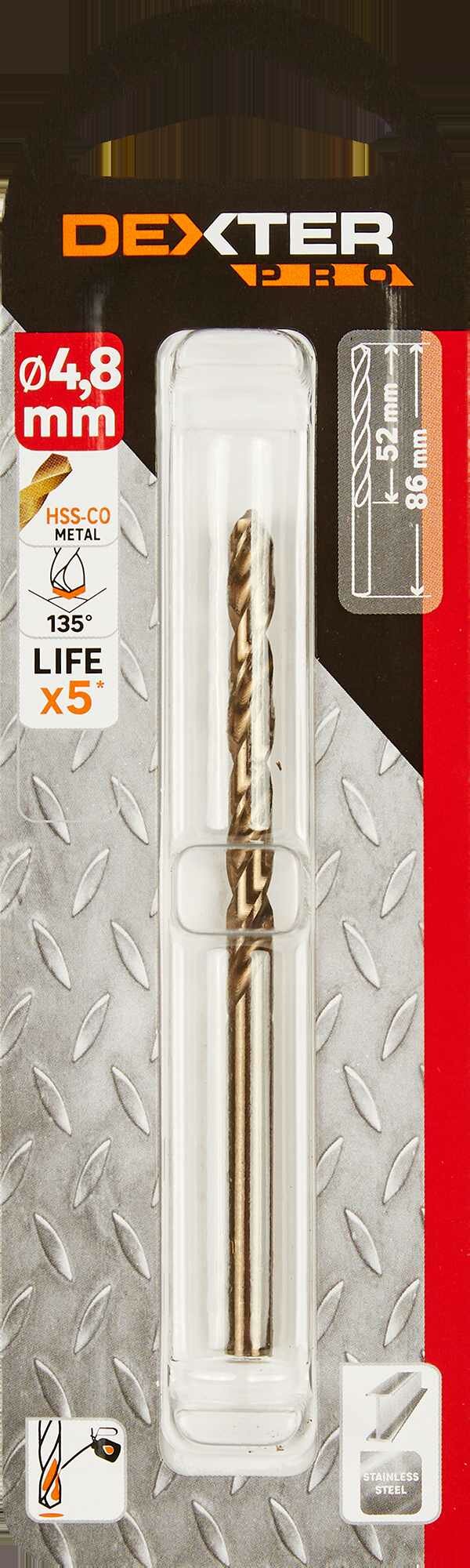 фото Сверло спиральное по металлу HSS-Co Dexter к. Pro 113-04278, 4.8x86 мм