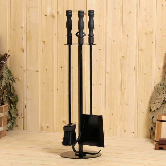 фото Набор каминный (совок, кочерга, щетка) деревянные ручки цвет черный 730*200*200