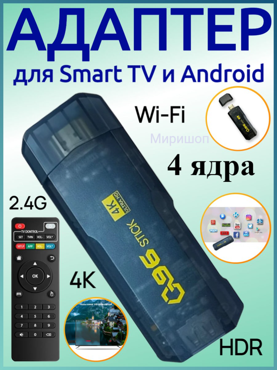 Адаптер Q96 Stick для Smart TV Android 4 ядра 24G Wi-Fi 4K HDR