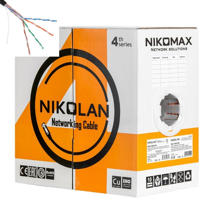 фото Кабель Витая пара U/UTP NIKOLAN 4 пары, Кат.5e (Класс D), 100МГц, однож., BC (чистая медь), 24AWG (0,50мм), наруж., PE д электротовар
