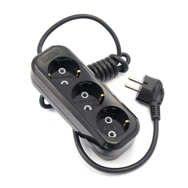 фото Удлинитель LUX У3-Е-05 3-местный с з/к, 250В 16А, 5м, черный