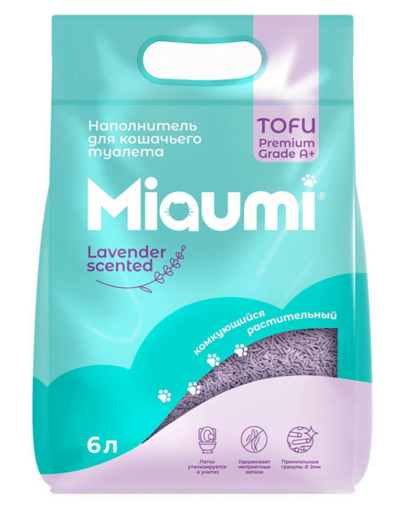 фото Miaumi TOFU Lavender Scented комкующийся наполнитель растительный с нежным ароматом лаванды 6л