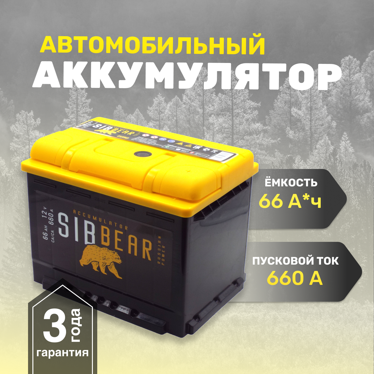 Аккумулятор автомобильный SIBBEAR 66 А*ч о.п 242х175х190 Обратная полярность