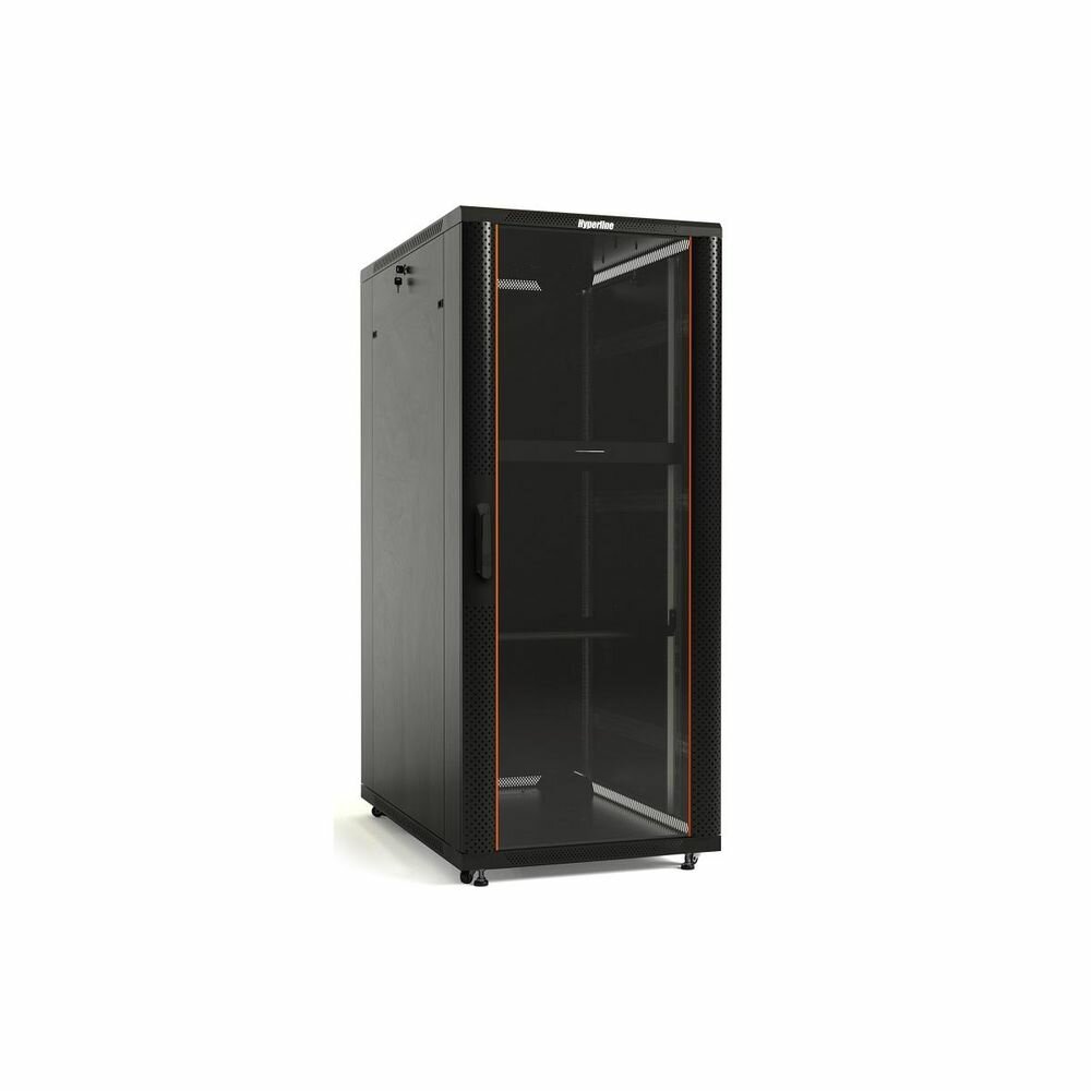 Hyperline Шкаф Hyperline TTB-2761-AS-RAL9004 Шкаф напольный 27U 1388x600х1000 мм (ВхШхГ), передняя стеклянная дверь со стальными перфорированными боковинами, задняя дверь сплошная, ручка с замком, крыша нового типа, цвет черный (RAL 9004) (разобранный) TT