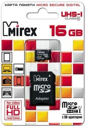 Карта памяти microSDHC Mirex 16 Гб класс 10 UHS-I - с адаптером SD
