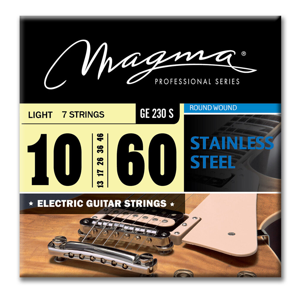 Magma Strings GE230S Струны для 7-струнной электрогитары 10-60 Серия: Stainless Steel Калибр: 10-13-17-28-38-50-60 Обмотка: круглая нержавеющая ст
