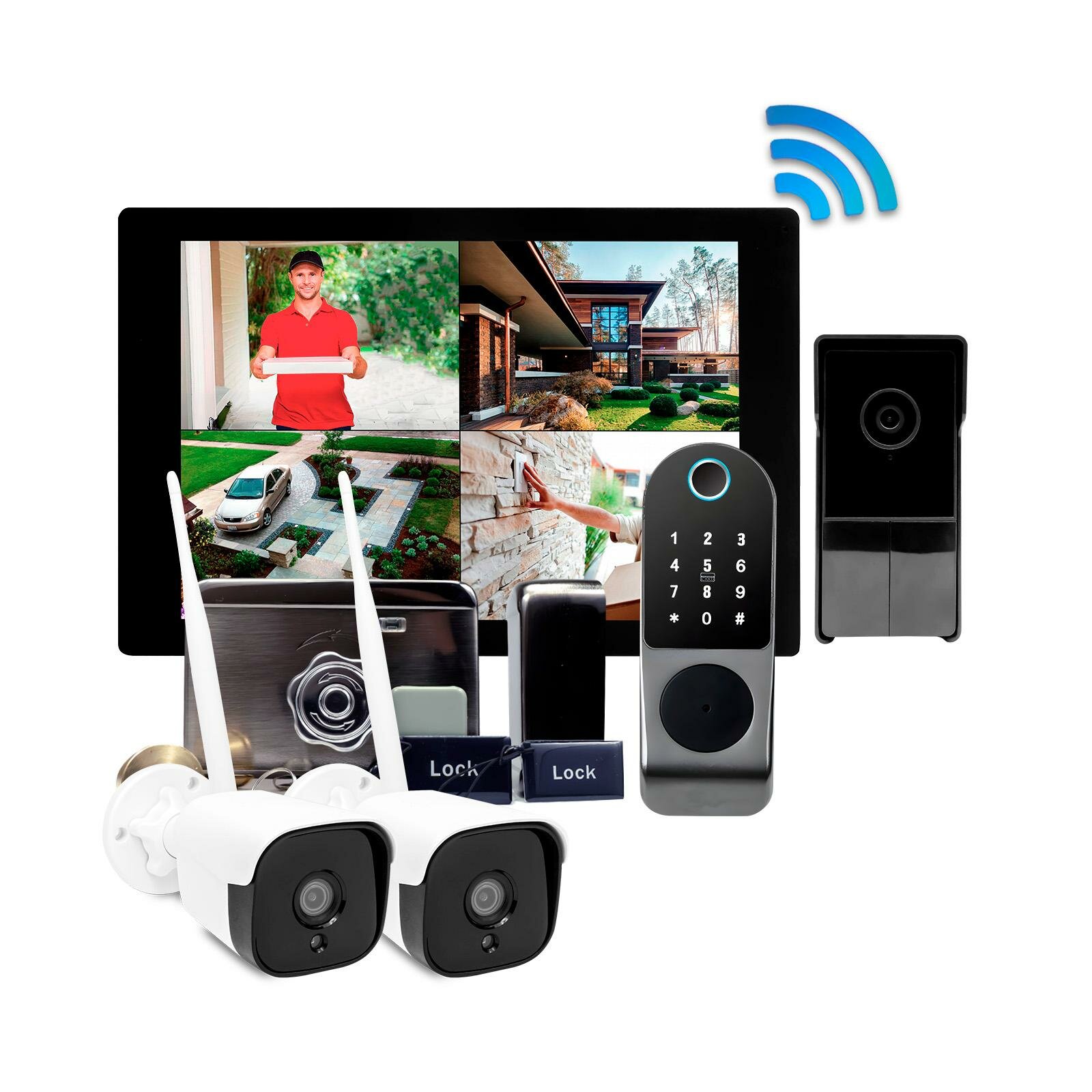 Цветной Wi-Fi домофон TUYA с 2 камерами и замком - СкайНет 1000 (1+2+SL-812) (N50128RA): HD экран 10 дюймов, вызывная видеопанель, биометрический замо